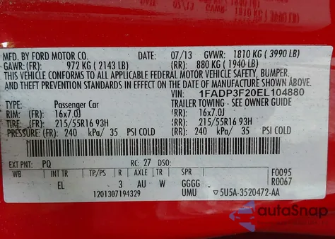 2014 Ford Focus Se from USA, damaged, VIN 1FADP3F20EL104880